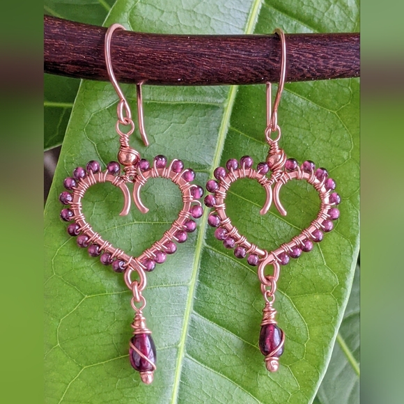 Garnet Heart Earrings Artisan Crafted Copper Design Dangle Drop - Picture 16 of 16